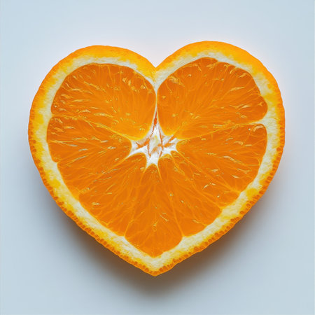A beautifully presented sliced orange in the shape of a heart, showcasing vibrant colors and textures, ideal for creative food art and healthy snack inspiration.の素材