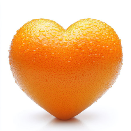 This stunning heart-shaped orange, adorned with glistening dew drops, represents love and freshness. Perfect for romantic themes and food photography.の素材
