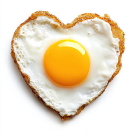 A delightful heart-shaped fried egg featuring a bright yellow yolk, perfect for breakfast or a romantic meal setting. Captivating food photography.の素材