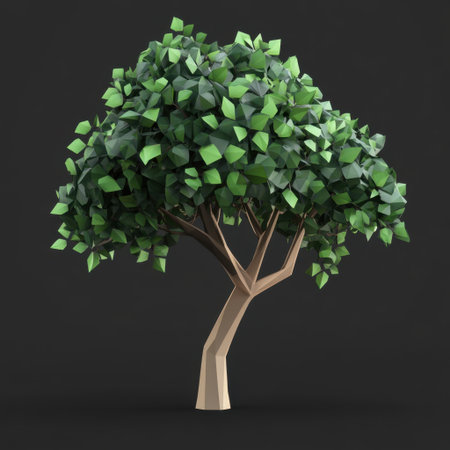 A modern geometric tree with vibrant green leaves and a simplistically designed trunk, ideal for nature-inspired art and eco-friendly projects. Perfect background element.の素材