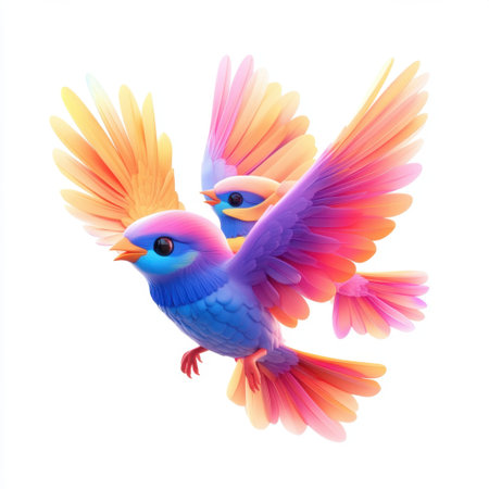 Two vibrant birds soar through the air, showcasing soft pastel feathers and a whimsical design. Perfect for art projects, illustrations, and creative inspirations.の素材