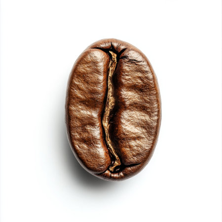 A beautifully captured single roasted coffee bean sits against a pristine white background, showcasing its rich texture and inviting color, ideal for coffee enthusiasts.の素材