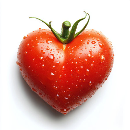 A vibrant red tomato shaped like a heart with water droplets, set against a clean white background. Ideal for promoting love, health, and fresh culinary ideas.の素材