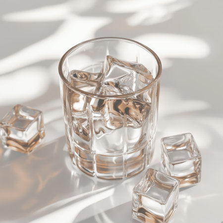 A crystal glass filled with ice cubes sits gracefully on a light surface, showcasing soft shadows and inviting a sense of refreshment and elegance in beverage presentation.の素材