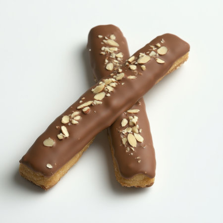These delightful chocolate-covered pastry sticks are topped with crunchy almonds, offering a perfect balance of sweetness and texture for any occasion.の素材