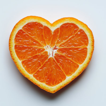 This heart-shaped slice of orange, set against a clean white background, offers a refreshing take on fruit presentation, perfect for health and love-themed projects.の素材