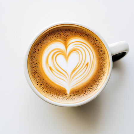 A delightful cup of coffee featuring artistic heart-shaped latte art, perfect for brightening your mornings and adding a cozy touch to any cafe setting.の素材