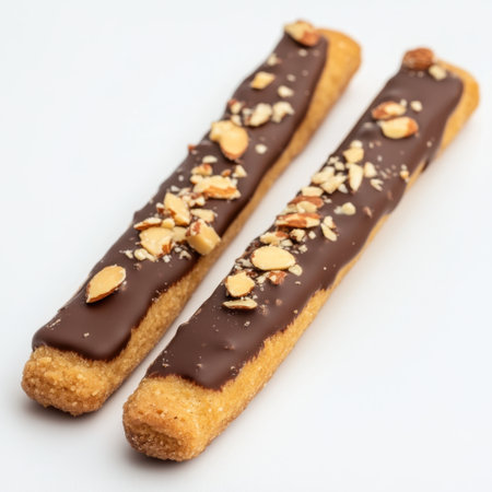 Mouthwatering chocolate-dipped cookies adorned with chopped nuts, perfect for dessert lovers. Ideal for gourmet snack displays or food photography setups.の素材