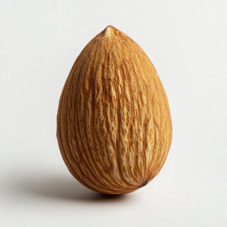 This image features a single almond nut displaying its distinctive texture and warm brown tone, perfect for promoting healthy eating and culinary creativity.の素材