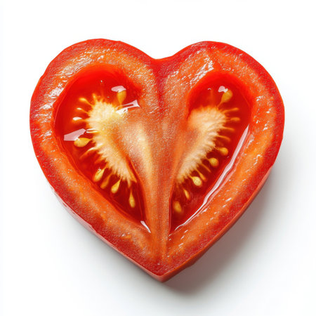 This image features a vibrant, fresh heart-shaped tomato halved to reveal its juicy interior and seed structure. Perfect for cooking projects or healthy eating themes.の素材