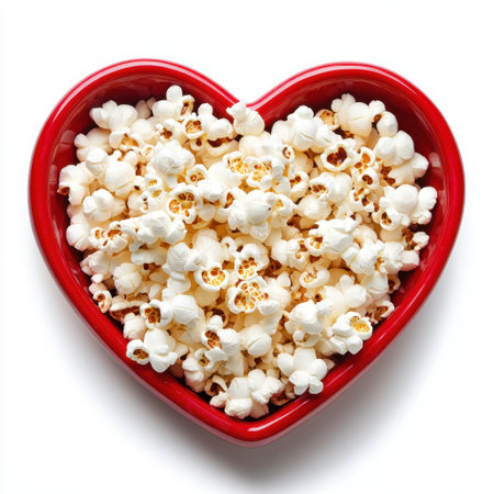 A vibrant red heart-shaped bowl overflowing with freshly made popcorn promotes a cozy atmosphere ideal for romantic movie nights or joyous gatherings.の素材