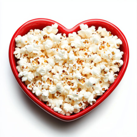 A heart-shaped bowl brimming with fluffy popcorn creates a perfect snack for romantic movie nights or celebrations, adding warmth and joy to any occasion.の素材