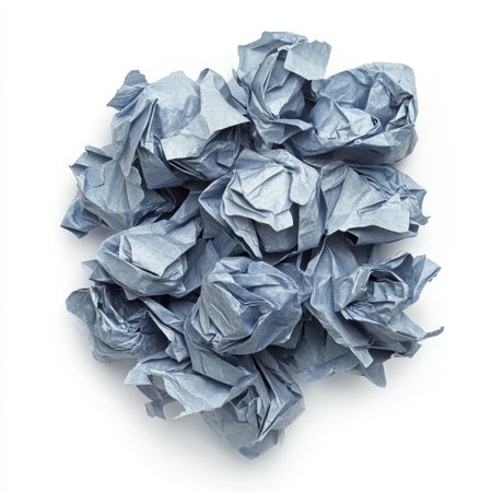 A captivating arrangement of crumpled blue paper sheets creates an abstract and textured background for various creative projects and visual designs. Perfect for art.の素材