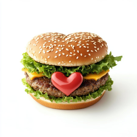 This heart-shaped hamburger features fresh lettuce, cheese, and a sesame seed bun, perfect for celebrating love during special occasions like Valentine's Day.の素材