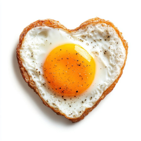 A heart-shaped fried egg on a clean white surface, showcasing a vibrant yellow yolk and crispy edges. Perfect for love-themed recipes or breakfast inspiration.の素材