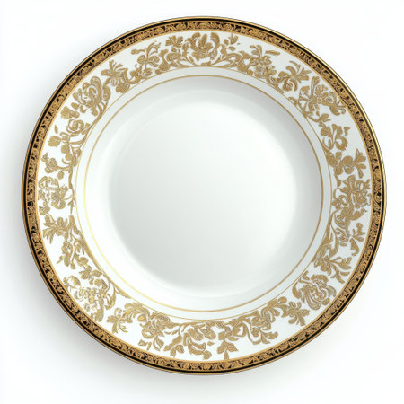 A luxurious white porcelain plate featuring an intricate gold floral design on the rim, perfect for elegant dining experiences and special events. Ideal for upscale settings.の素材
