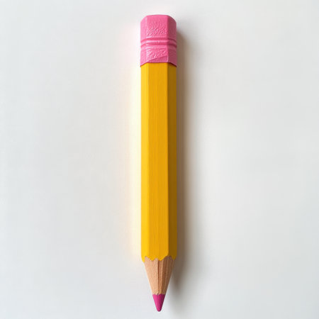 A bright yellow pencil with a pink eraser rests on a clean white background. This image represents creativity, education, and artistic endeavors, suitable for various projects.の素材