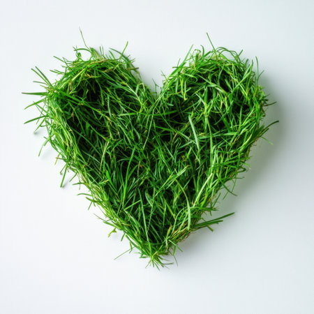 A vibrant heart shape made from fresh green grass symbolizes love for nature and the environment. Ideal for themes of sustainability, wellness, and minimalism.の素材
