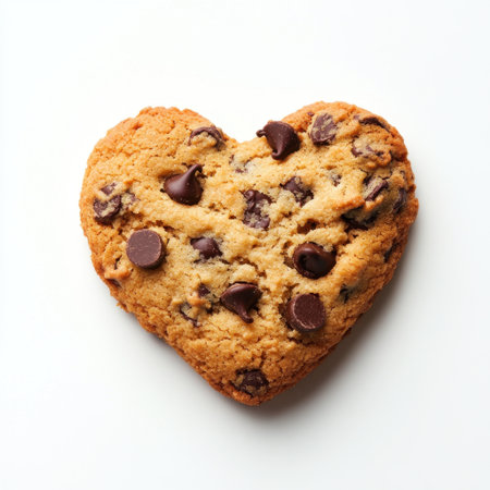 A delightful heart-shaped cookie with chocolate chips, sitting on a clean white background. Perfect for conveying love, celebrations, and sweet moments in photography.の素材