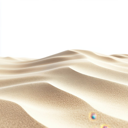 A mesmerizing view of soft sand waves flows through a tranquil desert landscape, capturing the serene beauty of nature and the warm tones of sunlight.の素材