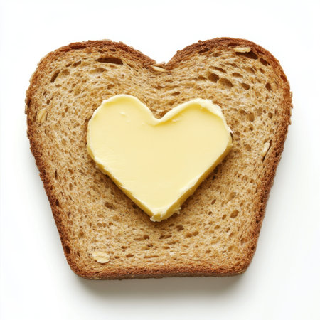 A visually appealing slice of whole grain bread showcases a heart-shaped butter spread on a pristine white background, symbolizing love and comfort in food.の素材
