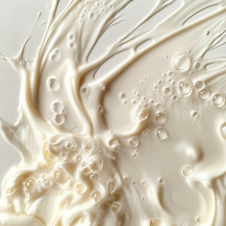 A high-resolution image showcasing a dynamic creamy liquid splash, featuring bubbles that emphasize freshness and smoothness against a clean white background.の素材