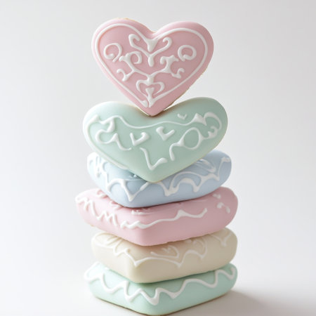 Delightful heart-shaped cookies in soft pastel colors are elegantly stacked on a white surface. Each cookie features intricate icing designs, perfect for any celebration.の素材