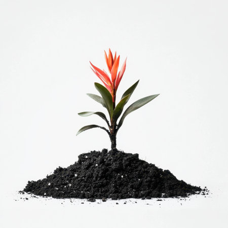 A striking image of a colorful plant emerging from rich dark soil, illustrating themes of growth and renewal against a clean white background, perfect for eco-friendly concepts.の素材