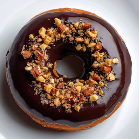 A tempting chocolate glazed donut adorned with a sprinkle of chopped nuts, perfect for dessert, breakfast or any sweet craving. A classic culinary delight.の素材