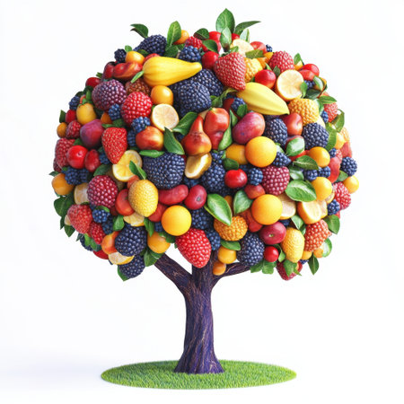 A stunning artistic representation of a tree made entirely of colorful fruits, blending creativity with nature for a striking visual impact and inspiration.の素材