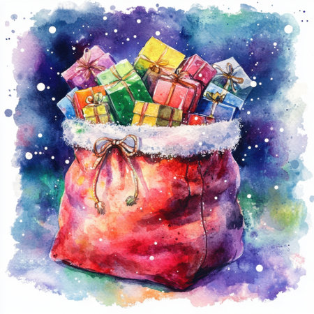 A vivid watercolor illustration depicting a red bag filled with colorful presents, surrounded by soft snowfall, capturing the joyful spirit of the holiday season.の素材