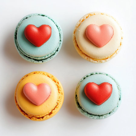Delight in these colorful macarons decorated with heart-shaped toppings, perfect for celebrations or showcasing culinary artistry at romantic events.の素材