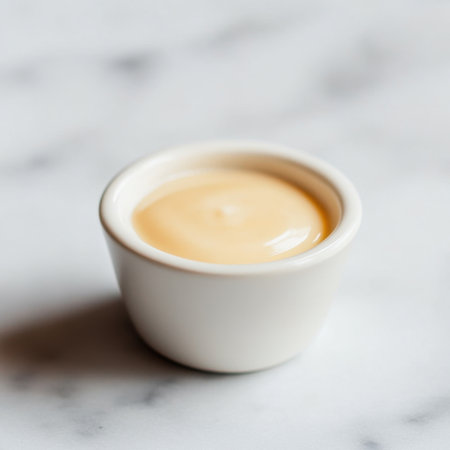 A small white dish holds a creamy yellow sauce on a smooth marble surface, perfect for food photography and culinary presentations in modern kitchens.の素材