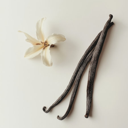 This stunning image features three vanilla pods alongside an elegant orchid flower, set against a minimalist background, perfect for culinary or wellness projects.の素材