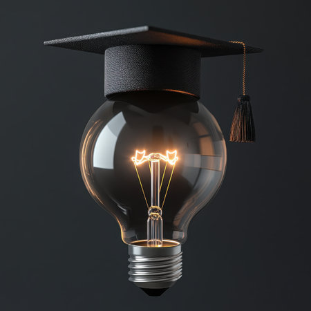 This creative image showcases a lightbulb adorned with a graduation cap, representing the fusion of education and innovative thinking, encouraging intellectual growth and success.の素材