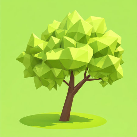 This image features a low-poly stylized tree with bright green foliage and a simple brown trunk, perfect for modern designs, animations, and playful nature themes.の素材