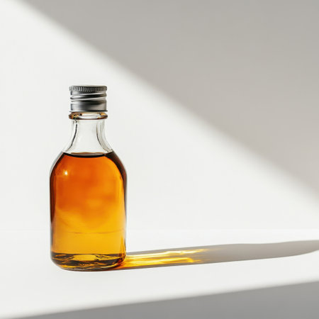 A beautifully crafted glass bottle filled with amber liquid sits elegantly on a minimalist surface, casting a gentle shadow, perfect for beverage-themed photography and artistic compositions.の素材