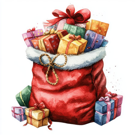 This charming watercolor illustration features a red sack filled with colorful Christmas gifts, showcasing the joy and warmth of the holiday season.の素材