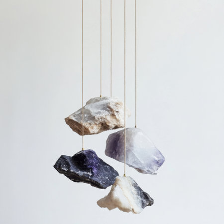 A captivating display of natural stone crystals suspended in balance, showcasing the beauty of unique textures and colors, perfect for modern interior design inspiration.の素材