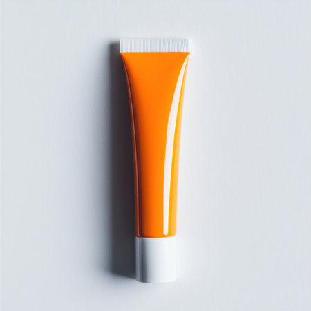 A bright orange cosmetic tube sits against a clean white background, showcasing its glossy finish. Ideal for skincare and beauty marketing, this image offers a modern aesthetic.の素材