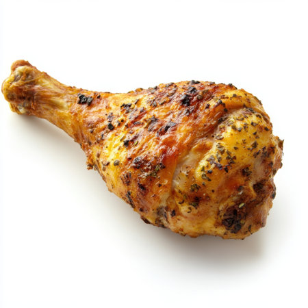 A succulent roasted chicken drumstick shows off a crispy skin and flavorful herbs, perfect for promoting culinary delights in recipe books or blogs.の素材