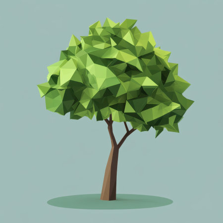 A vibrant low poly tree with geometric shapes and bright green leaves, perfect for modern digital art applications, evoking a sense of tranquility and simplicity.の素材