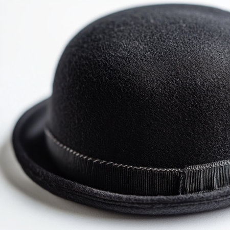 This image features a classic black bowler hat on a white background, highlighting its elegant design. Perfect for fashion, costume, and theatrical photography.の素材