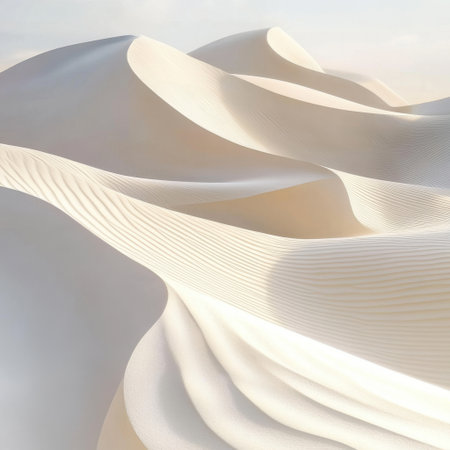 A harmonious depiction of abstract sand dunes featuring soft curves and flowing patterns, set in a tranquil white landscape, evoking a sense of peace and serenity.の素材