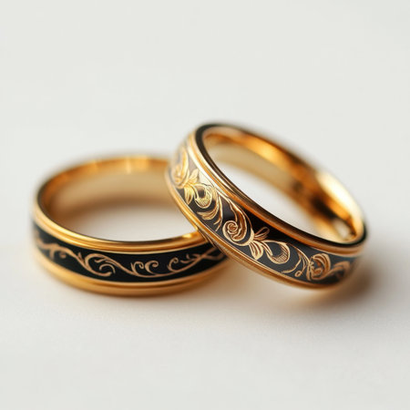 Stunning gold wedding bands featuring detailed floral engravings on a sleek black background, ideal for couples celebrating love and commitment in style.の素材