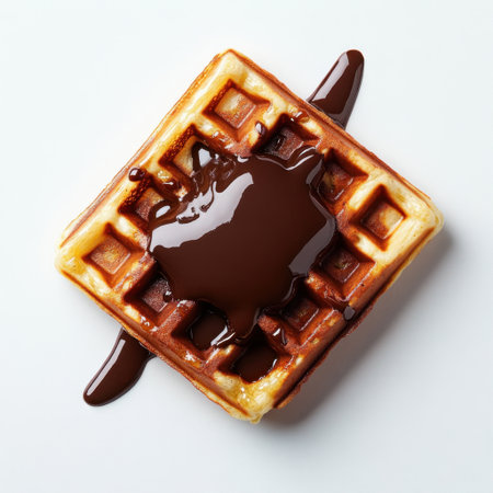 A visually appealing waffle topped with luscious chocolate sauce, showcasing a perfect blend of comfort and indulgence. Ideal for food lovers and culinary enthusiasts.の素材