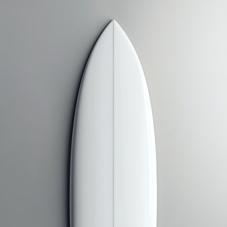 A striking minimalist close-up of a surfboard against a light background, emphasizing smooth curves and modern design, perfect for summer adventures and decor.の素材