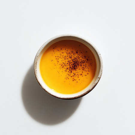 A captivating bowl of creamy orange soup topped with a sprinkle of black pepper, showcasing a vibrant color against a minimalist white background, ideal for culinary visuals.の素材