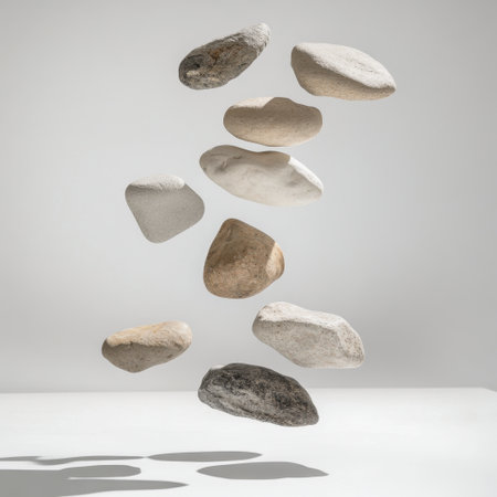 A striking arrangement of floating stones displayed against a minimalist backdrop, showcasing smooth and rough textures while creating a serene and tranquil atmosphere.の素材