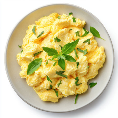 Mouthwatering creamy scrambled eggs garnished with fresh basil serve as a perfect breakfast option. Ideal for a satisfying and nutritious start to the day.の素材